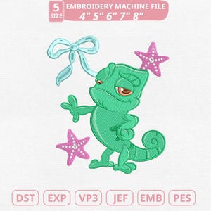 May include: An embroidery machine file featuring a cartoon chameleon in shades of green, with a light blue bow and two pink starfish. The file sizes are 4", 5", 6", 7", and 8". The file formats are DST, EXP, VP3, JEF, EMB, and PES.