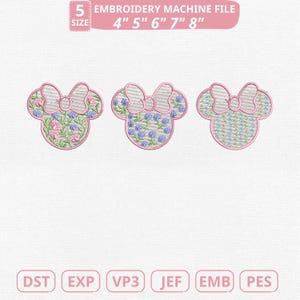 May include: Three embroidered Minnie Mouse head designs with floral patterns in pink, blue, and green. The designs are for an embroidery machine file, with sizes ranging from 4 to 8 inches. The image also shows file formats.