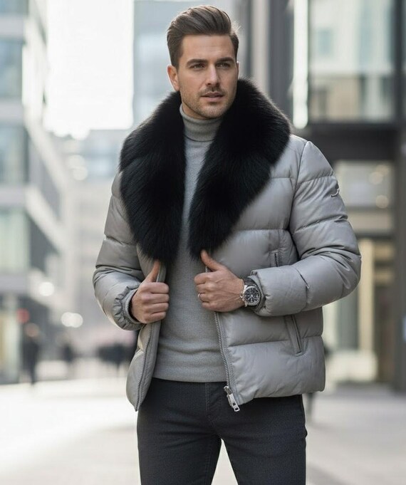 Men's Puffer Leather Jacket, Real Fox Fur Collar, Winter,Parka, Coat