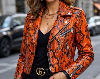 Chaqueta de piel de pitón para mujer / Chaqueta motera de piel de serpiente / Ropa urbana de lujo