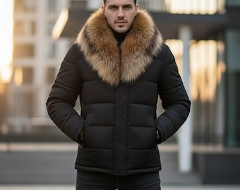 Luxus schwarz, Leder Steppjacke mit echtem Fuchspelz Kragen, Herrenmode Mantel