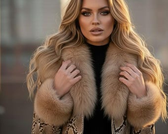 Damen Python Schlangenlederjacke Echter Fuchspelzkragen und Manschetten Schlangenprint Parka