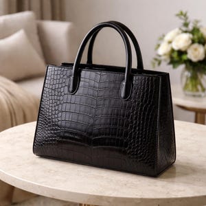 Op de afbeelding: Een zwarte handtas met een krokodillenleertextuur. De tas heeft twee afgeronde handvatten en een rechthoekige vorm. Hij staat op een lichtgekleurde, ronde tafel. De achtergrond omvat een bank en een vaas met witte bloemen.