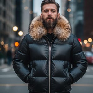 Puede incluir: Una chaqueta acolchada negra con cuello de piel. La chaqueta tiene una cremallera plateada y bolsillos. El cuello de piel es de color marrón claro. La chaqueta se usa en un entorno urbano.