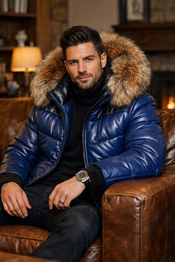 Men Blue Puffer Leather Jacket with Real Fox Fur Oversized Hood