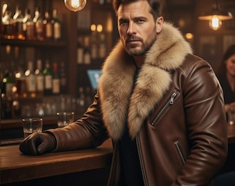 Herren Braun Leder Bikerjacke mit Fuchspelz Kragen