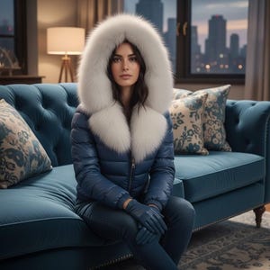 Puede incluir: Una chaqueta acolchada azul marino con una gran capucha ribeteada de piel blanca. La chaqueta está abrochada con cremallera y se lleva con guantes y vaqueros azules a juego. La persona está sentada en un sofá azul con cojines estampados.