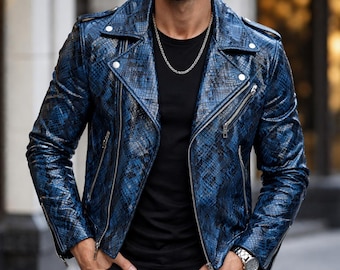 Handgefertigte Python Schlangenhaut Textur Leder Bikerjacke