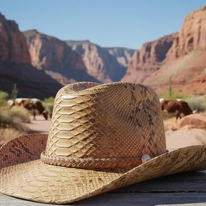 Może przedstawiać: Beżowy kapelusz kowbojski ze wzorem skóry węża leży na drewnianej powierzchni. Kapelusz ma szerokie rondo i ozdobny pasek wokół korony. Tło przedstawia pustynny krajobraz z górami i bydłem.