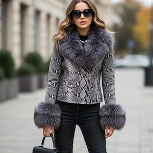 Luxury Fox Fur Trimmed Lambskin Leather Jacket | Women's python print jacket