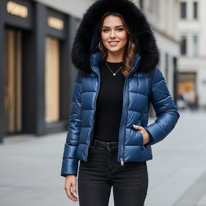 Chaqueta acolchada para mujer con capucha de piel de zorro auténtica, Pufferjacken Damen, Lederjacken Damen