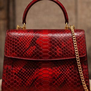 Può includere: Una borsa a mano rossa in pelle di serpente con manico superiore e tracolla a catena dorata. La borsa ha una chiusura a patta e finiture dorate. Il motivo a pelle di serpente è rosso intenso con accenti più scuri.