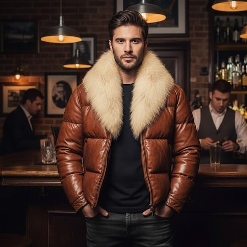 フォックスファーカラーのホワイトレザージャケット - メンズ