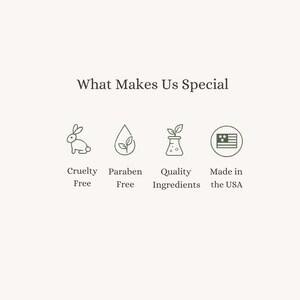 May include: A light beige graphic with the text "What Makes Us Special" and four icons: a bunny, a water droplet, a beaker with a plant, and an American flag. Below each icon are the words "Cruelty Free", "Paraben Free", "Quality Ingredients", and "Made in the USA".
