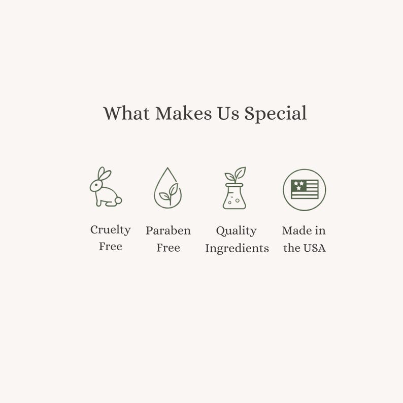 May include: A light beige graphic with the text "What Makes Us Special" and four icons: a bunny, a water droplet, a beaker with a plant, and an American flag. Below each icon are the words "Cruelty Free", "Paraben Free", "Quality Ingredients", and "Made in the USA".