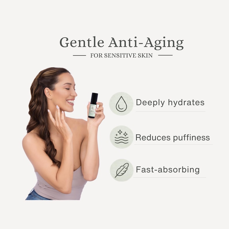 May include: A woman smiles while holding a small black bottle. The text reads "Gentle Anti-Aging FOR SENSITIVE SKIN." The image also includes icons and text indicating the product deeply hydrates, reduces puffiness, and is fast-absorbing.