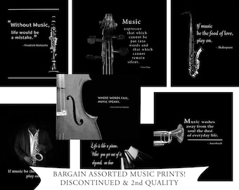 MUSIC PRINT SALE! Assorted Music 8-Print Collection, Discontinued and Second Quality, Color, Black and White 8x10 Wall Art Prints (Unframed)