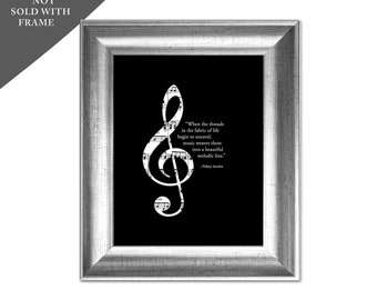 G CLEF SIGN, Music Poster, Music Room Studio, Music Piano Teacher, Original Quote by Hillary Ascalon Black and White Art Print (Unframed)