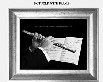 AUERBACH MUSIC Quote, Flute photo, Flautist Black and White Music Room Studio 8"x 10" Fine Art Print (Unframed)