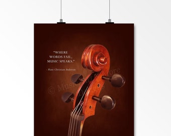 HANS CHRISTIAN ANDERSEN Music Quote, Where Words Fail, Music Speaks, Cello Scroll  Photo, Cellist Gift, Music Room Wall Art Print (Unframed)