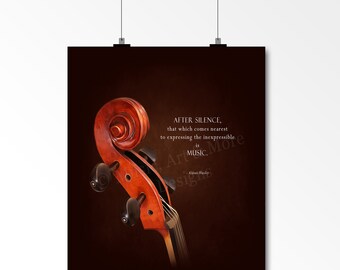 ALDOUS HUXLEY MUSIC Quote, After Silence, That Which Comes Nearest..., Cello Scroll Photo, Cellist Gift,  Music Room Art Print (Unframed)