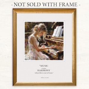 May include: A framed print of a painting featuring a woman playing a grand piano. The woman is wearing a white dress and has long blonde hair. The quote "MUSIC creates HARMONY when life is out of tune" is printed below the image.