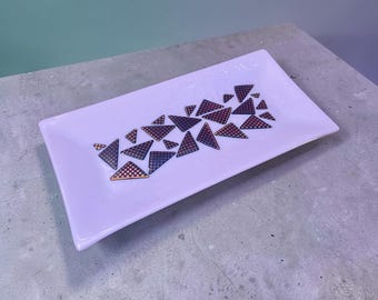 Vintage 1980s Memphis Style Purple Iridescent Art Glass Dish – Geometric Triangle Pattern