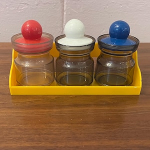 Vintage 70s Three Plastic Storage Jars with Wall Rack Mod Desk Organizer Made In Hong Kong