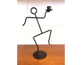 Vintage 1980s Memphis Style Black Metal Dancing Man Candle Holder