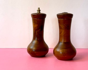 Vintage 90s Tessellated Teak  Salt Shaker + Pepper Mill Set