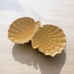 Vintage 1970s MCM Yellow Seashell Glazed Ceramic Ashtray Trinket Dish
