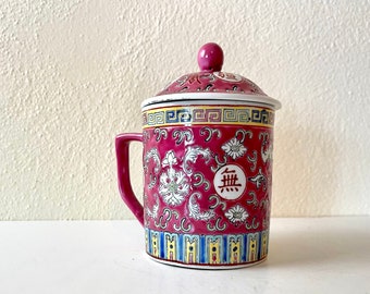 vintage chinois rouge Mun Shou Famille Rose longévité Jingdezhen tasse à café + couvercle 14 Fl OZ