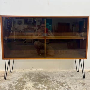 Vintage 1960s Danish Modern Glass Front Teak Sideboard or Credenza