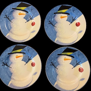 Vintage 1990s Set of 4 Christmas Cherry Snowman Dishes by Zulauf Designs for Sakura Oneida