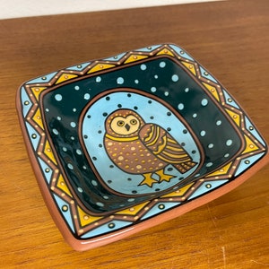 Vintage 1998 Owl Decorative Dish by L. L. Mehlin Colorado Artist Hand Painted Plate Blackware image 2