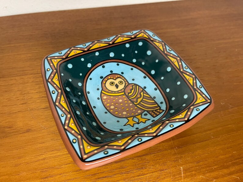 Vintage 1998 Owl Decorative Dish by L. L. Mehlin Colorado Artist Hand Painted Plate Blackware image 2