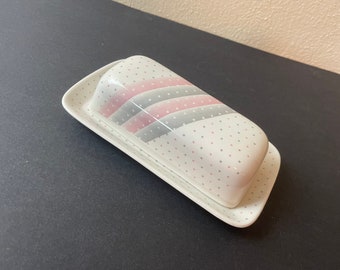 Vintage 80s Churchill England Pink + Gray Dots Ceramic Butter Dish