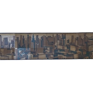 Vintage 1960s Cubism NYC Skyline Wood Mosaic Marquetry Inlay Panel