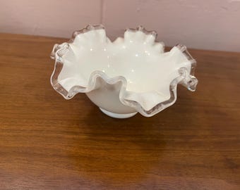 Vintage Fenton Silver Crest Milk Glass Compote Bowl, Ruffled Edge Candy Dish