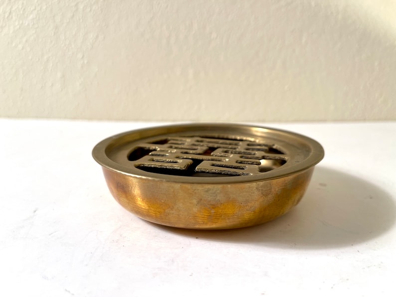 Vintage 1980s Mid Century Modern Brass Double Happiness Incense Burner Ash Tray image 2