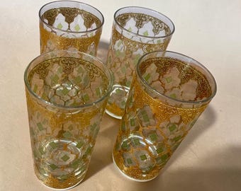 Vintage 1960s Culver Valencia 22K Gold & Green Tumblers - Mid-Century Modern Set of 4