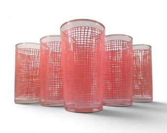 Set of 8 Vintage Mid Century Pink Weave Glasses with 22k Gold Rim