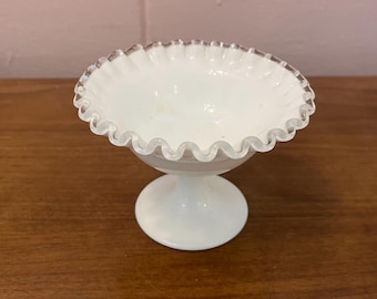 Vintage Fenton Silver Crest Milk Glass Compote Bowl, Ruffled Edge Candy Dish