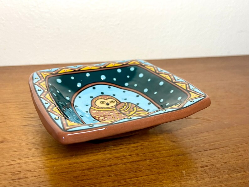 Vintage 1998 Owl Decorative Dish by L. L. Mehlin Colorado Artist Hand Painted Plate Blackware image 3