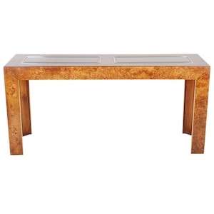 Vintage 1970s Mid Century Modern Burl and Brass Desk Sofa or Console Table In The Style of Milo Baughman