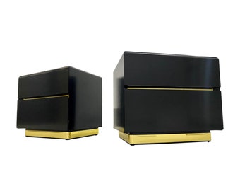 Vintage Pair of 80s Post Modern Black Lacquer Nightstands by Lane