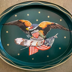 Vintage 70s Bald Eagle with Stars + Stripes Green Metal Serving Tray