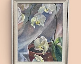 Vintage Old Florida Style Still Life Oil Painting of Orchids In A Pot