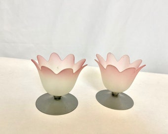 vintage années 1980 Paire de verre et de métal Tealight Titulaires