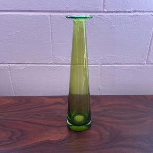 Vintage Mid Century Modern Hand Blown Flat Top Green Glass Vase